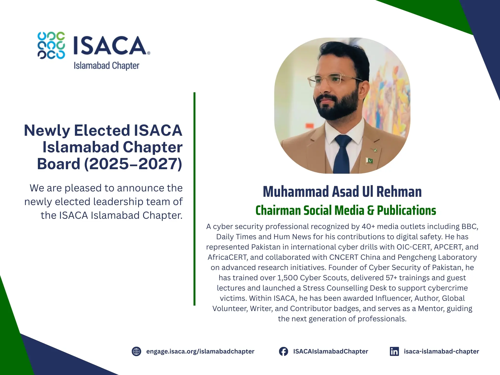 Muhammad Asad Ul Rehman elected as Chairman Social Media & Publications at ISACA Islamabad Chapter AGM & Elections 2025–2027.